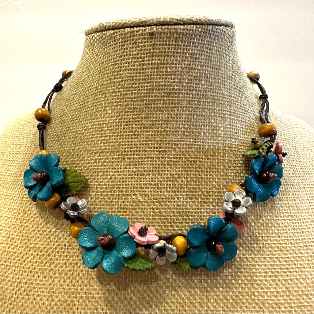 Artisan Leather Floral Necklace Multicolor Teal & Pink Flowers, Wood Beads Boho